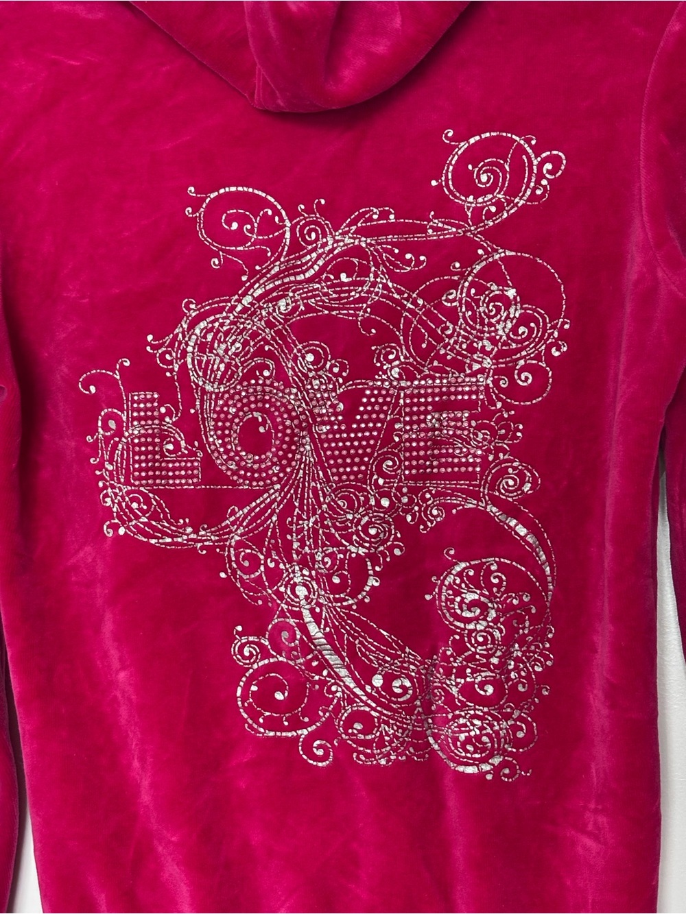 Vintage Y2K One Love Hot Pink Velour Rhinestone Hoodie Flare Pants Set Small XS - Picture 3 of 16